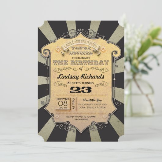 黒のストライブ柄のカーニバルのバースデーパーティ招待状 招待状 (スタンド正面)