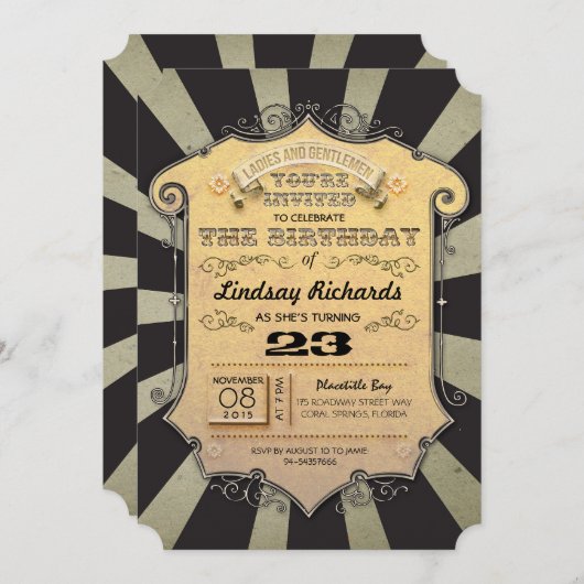 黒のストライブ柄のカーニバルのバースデーパーティ招待状 招待状 (正面/裏面)