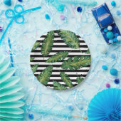 黒のストライブ柄のバナナの葉の熱帯夏パターン ペーパープレート (パーティー)