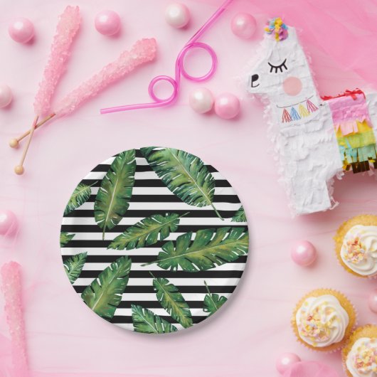 黒のストライブ柄のバナナの葉の熱帯夏パターン ペーパープレート (パーティー)