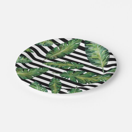黒のストライブ柄のバナナの葉の熱帯夏パターン ペーパープレート (アングル)
