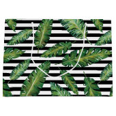 黒のストライブ柄のバナナの葉の熱帯夏パターン ラージペーパーバッグ (正面)