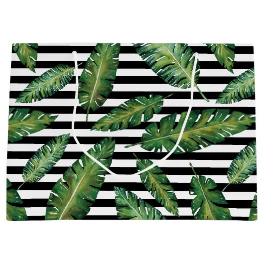 黒のストライブ柄のバナナの葉の熱帯夏パターン ラージペーパーバッグ (正面)