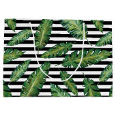 黒のストライブ柄のバナナの葉の熱帯夏パターン ラージペーパーバッグ (裏面)