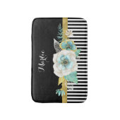 黒のストライプおよび名前のシックな金ゴールドのミントの花 バスマット (正面縦)