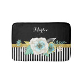 黒のストライプおよび名前のシックな金ゴールドのミントの花 バスマット (正面)