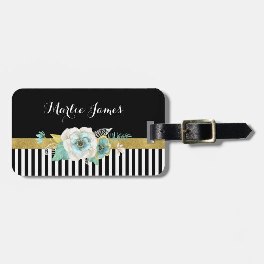 黒のストライプおよび名前のシックな金ゴールドのミントの花 ラゲッジタグ (正面横)