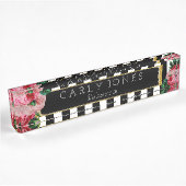黒のストライプおよび花の机用ネームプレート デスクネームプレート