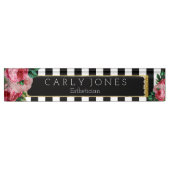 黒のストライプおよび花の机用ネームプレート デスクネームプレート (正面)