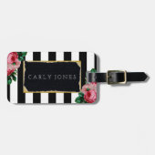 黒のストライプおよび花の荷物のラベル ラゲッジタグ (正面横)