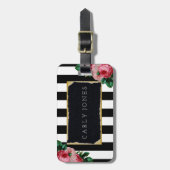 黒のストライプおよび花の荷物のラベル ラゲッジタグ (正面縦)