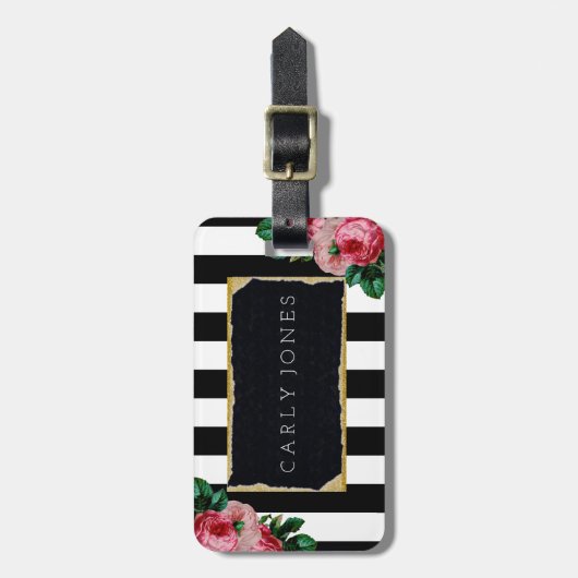 黒のストライプおよび花の荷物のラベル ラゲッジタグ (正面縦)
