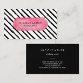 黒のストライプのピンクの水彩画 名刺 (正面/裏面)