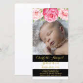 黒のストライプのピンクの花はベビーシャワー感謝していしています サンキューカード (正面/裏面)