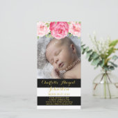 黒のストライプのピンクの花はベビーシャワー感謝していしています サンキューカード (スタンド正面)