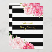 黒のストライプの水彩画によってはベビーシャワーが開花します 招待状 (正面/裏面)