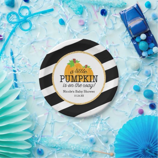 黒のストライプの金ゴールド少しカボチャ秋のベビーシャワー ペーパープレート (パーティー)