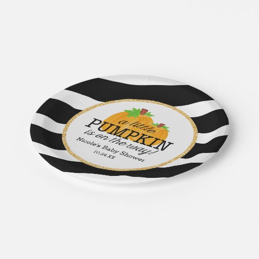 黒のストライプの金ゴールド少しカボチャ秋のベビーシャワー ペーパープレート (アングル)