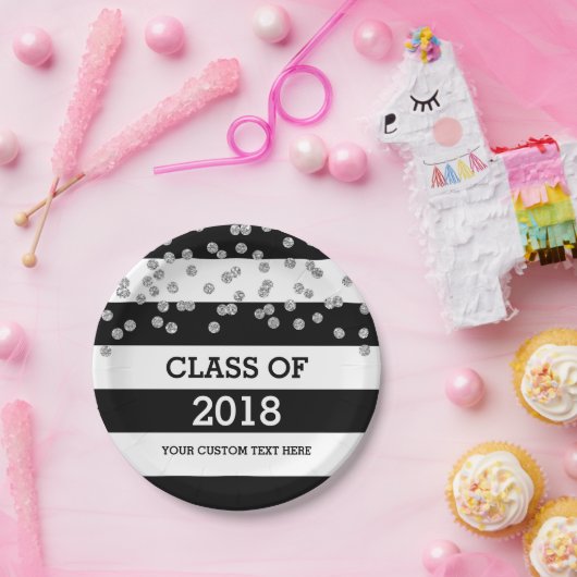 黒のストライプの2018年の卒業の銀製の点のクラス ペーパープレート (パーティー)