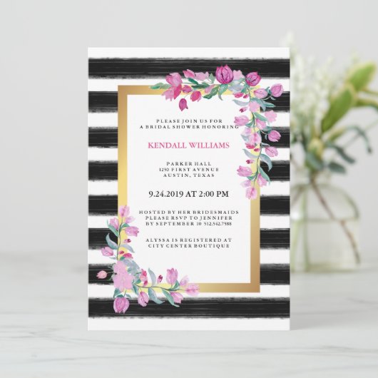黒のストライプを持つピンクの水彩画のブーゲンビリア 招待状 (スタンド正面)
