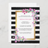 黒のストライプを持つピンクの水彩画のブーゲンビリア 招待状 (正面/裏面)