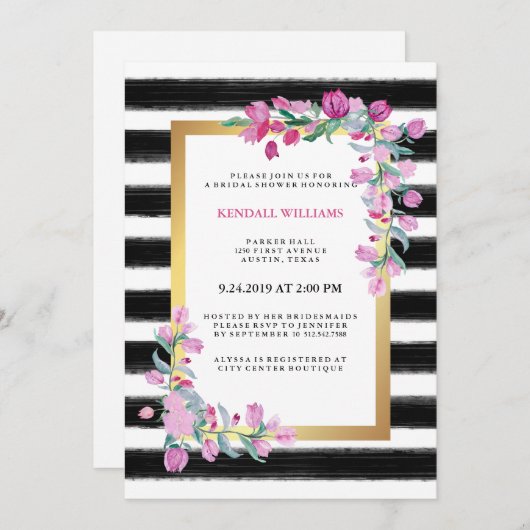 黒のストライプを持つピンクの水彩画のブーゲンビリア 招待状 (正面/裏面)
