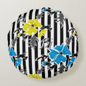 黒のストライプ柄の背景に花模様 ラウンドクッション (裏面)