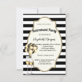 黒のストライプ ワイン グラス、風船、退職パーティー 招待状 (正面)