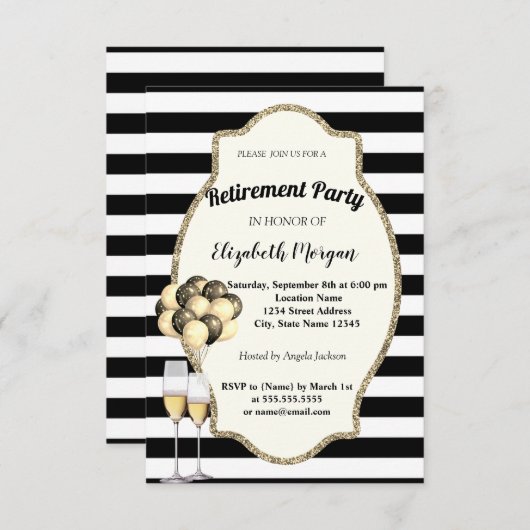 黒のストライプ ワイン グラス、風船、退職パーティー 招待状 (正面/裏面)