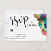 黒のタイポグラフィ(水色カラフル絵を描RSVP付き) 出欠カード (正面)