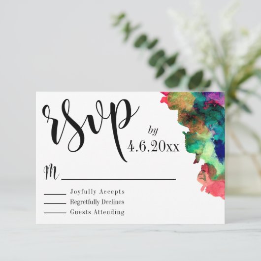 黒のタイポグラフィ(水色カラフル絵を描RSVP付き) 出欠カード (スタンド正面)