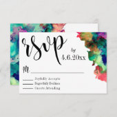 黒のタイポグラフィ(水色カラフル絵を描RSVP付き) 出欠カード (正面/裏面)