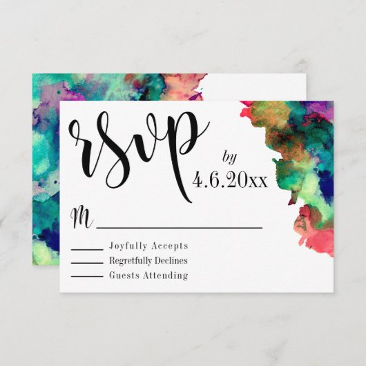 黒のタイポグラフィ(水色カラフル絵を描RSVP付き) 出欠カード (正面/裏面)
