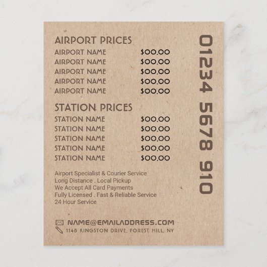 黒のタクシー乗り場のロゴ、クラフト紙効果価格表 チラシ (裏面)