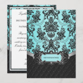 黒のダマスク柄の青い結婚式の招待状 招待状 (正面/裏面)