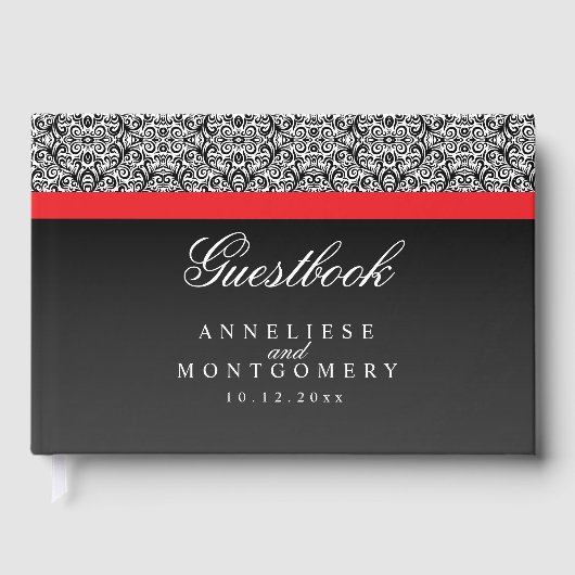 黒のダマスク柄（黒と赤のストライプに） ゲストブック (正面)