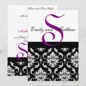 黒のダマスク結婚式招待状 紫のモノグラム 招待状 (正面/裏面)
