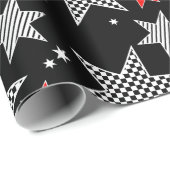 黒のチェック模様の星の赤い包装紙 ラッピングペーパー (ロールコーナー)