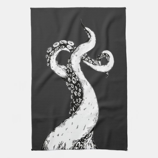 黒のティータオルに描かれたタコの触手 キッチンタオル (縦)