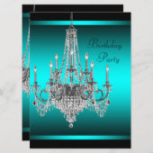 黒のティールブルーのシャンデリアの誕生日パーティー 招待状 (正面/裏面)