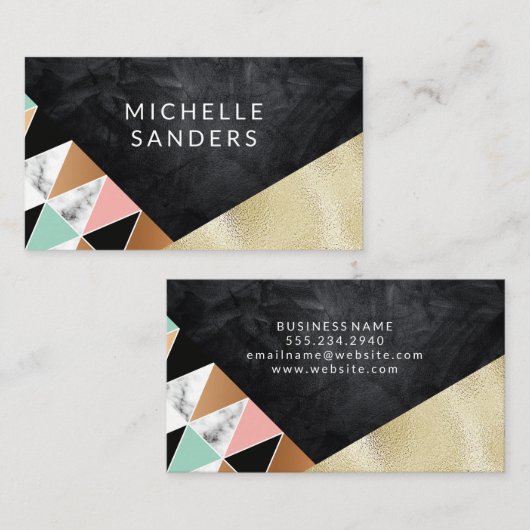黒のテクスチャ |タイルの幾何学的 |ゴールド・フォイル 名刺 (正面/裏面)