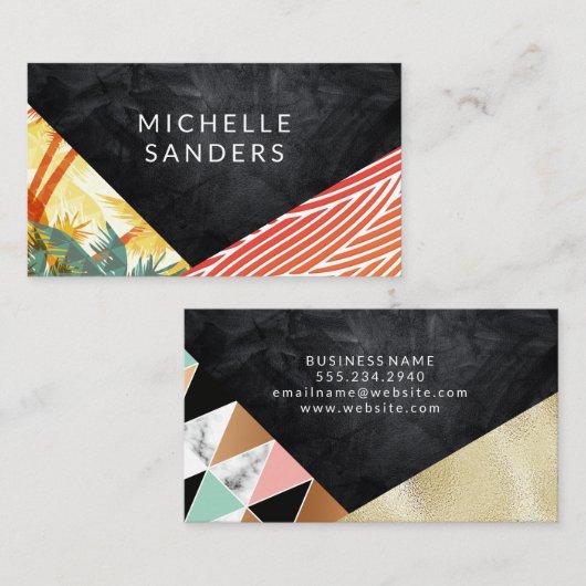黒のテクスチャ | Boho Geometric Palm 名刺 (正面/裏面)