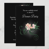 黒のディナーパーティーでのピンクの花のイラスト 招待状 (正面/裏面)