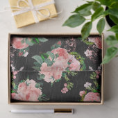 黒のデコパージュにピンクのバラと白の花 薄葉紙 (ギフト)