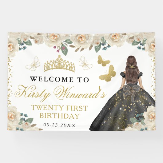 黒のドレスを着た黒髪のプリンセス 花の誕生日 横断幕 (横)