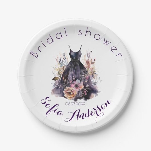 黒のドレス 紫のプリンセスシャワー ペーパープレート (正面)