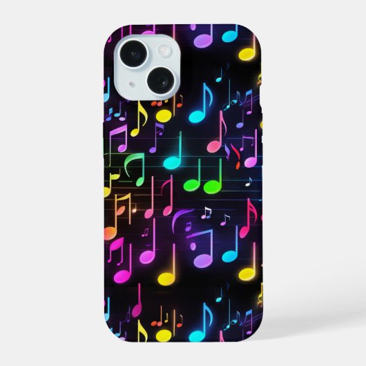 黒のネオンミュージックノート iPhone 15ケース (裏面)