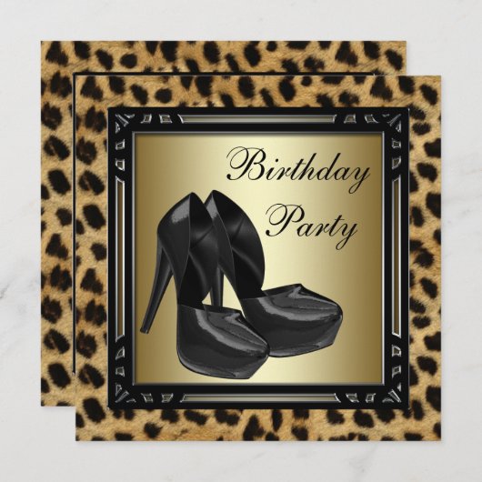 黒のハイヒールとヒョウ柄の誕生日パーティー 招待状 (正面/裏面)