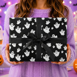黒のハロウィンパターンに浮かぶお化けの「ブー」 ラッピングペーパー