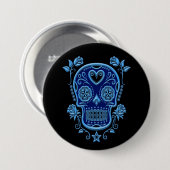 黒のバラが付いている青い砂糖のスカル 缶バッジ (正面&裏面)